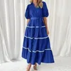 Robes décontractées Maxi robe avec cravate taille élégante femmes d'été manches bouffantes volants à plusieurs niveaux ceinturé fluide élégant pour un