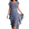 Casual Dresses Layered Cake Hem Flowy Dress Elegant Beaded Decor O-neck Midi Party Wedding Guest Short