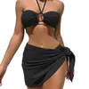 Damen-Bademode, Neckholder-BH, Slip, Überwurf-Badeanzug, stilvolles 3-teiliges Bikini-Set mit plissiertem, geschnürtem Überwurf-Rock für schnelles Tragen