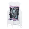 Vintage Hommes Hip Hop Débardeurs Rétro Ripped Hole Girl Graphic Print Y2K Vest Streetwear High Street Lavé Loose Top Noir Blanc 240321