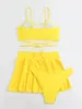 Costumi da bagno da donna 3 pezzi Bikini a vita alta Set 2024 Donna Solid Giallo Criss Cross Fasciatura Push Up Costume da bagno Costume da bagno da spiaggia Gonna