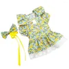 Cat Costumes Flower Print Pet Dress Princess Style Set With Sleeves Includes Headdress Dog Summer Outfit For Small