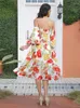 Бальные платья Весенне-летнее темпераментное милое платье с цветочным принтом Сексуальный дизайн с открытыми плечами Праздничный длинный подол с распашным солнцем и рукавами