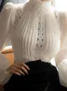Camicette da donna 2024 Blusas Mujer De Moda Camicetta per le donne Temperamento Camicie patchwork in pizzo Scava fuori Pieghettato Collo alla coreana Top vintage