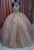 Sparkly Designer Rose Gold Sequined Quinceanera Dresses Ball Gown Prom Dress Sheer Neck Juvel Crystal Bead Long Evening Formal Pag8123465