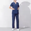 Calças de duas peças femininas 1 conjunto uniforme de trabalho manga curta com decote em v terno de salão de beleza resistente ao desgaste verão pet dental uso diário