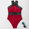 Women's Swimwear Stretchy Swimsuit Stylish Mesh Splicing Monokini With High Waist Halter Neck Sexy S-shaped Beachwear For Summer