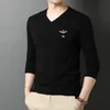 Top Qualität Mode Marke Plain 95% Baumwolle 5% Spandex V-ausschnitt Langarm t-shirt Männer Baumwolle Schwarz Casual männer Kleidung 240319