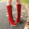 YMECHIC Mode Kruis Gebonden Lace Up Mid Kuit Ridder Dames Hoge Hakken Rood Zwart Flock Herfst Winter Schoenen Voor vrouwen 2024