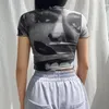 Damen-T-Shirts, bedruckt, kantig, schmale Passform, freiliegender Nabel, bauchfreie Tops, transparentes Netz, Rundhalsausschnitt, kurzärmelige T-Shirts, sexy, lässige Damen-T-Shirts