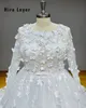 Hire Lnyer O-Neck Long Sleeve Buttons Up Back All Over 3D Flowers Lace Plus Size Ball Gown Wedding Dresses Real Office Photos Video