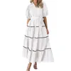 Abiti casual Comodo abito con cravatta in vita Elegante maxi estivo da donna con risvolto maniche a sbuffo Volant a strati Design fluido Singolo per A