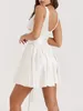 Casual Dresses Women Summer A-line Dress Solid Color V-Neck Tie-Up Backless Mini Fashion Beach Holiday