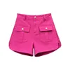 Pantaloncini in denim a vita alta rosa rosso Moda estiva Diviso con bottoni sottili Pantaloni cargo a gamba larga con linea A-line Jeans solidi femminili 240312