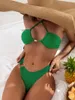 Women's Swimwear Sexy Green Halter Criss Cross Bikinis Sets Women 2024 Cut Out Push Up Ring Linked Thong Swimsuit Bathing Suit Micro