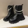 Boots Bkqu Women's 2022 Spring and Automne New British Style Fashion Cuir Patent Matte Chain de dentelle Bottes de fond épaisses non gorgées