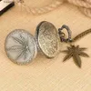 Pocket Watches Bronze Leaf Design Antik Mens Pocket med retro Sweather Chain Charm Pendant Accessory Halsband Pocket Clock Women L240322