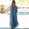 Party Dresses 2024 Causal Rands V-ringknapp Front Open Summer Beach Dress Blue Cotton Tunic Women Plus Size Clothes Maxi N1097