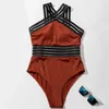 Women's Swimwear Stretchy Swimsuit Stylish Mesh Splicing Monokini With High Waist Halter Neck Sexy S-shaped Beachwear For Summer