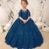 Girl Dresses Half Sleeve Shiny Sequins Banquet Flower Dress Ball Gown Tulle Christmas Party Puffy Bow Princess First Communion