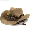 Chapeaux à larges bords Chapeaux de seau Nouveaux glands de coquille cowboy chapeaux de paille été refroidissement plage chapeau de soleil pour femmes hommes à la mode tissé respirant Protection solaire Jazz chapeau L240322