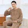 Men's Sleepwear Solid Color Pajamas Thick Fleece Winter Set With Thermal Cold Resistant Round Neck Top Elastic Waist For Cozy