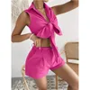 Blusas femininas sem mangas verão blusa de algodão sexy shorts feminino 2 peça conjunto moda laço lapela topo 2024 casual dois terno outfit 26307