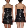 Casual Dresses Douhoow Women See-through Mini Dress Sexy Y2k Club Cocktails Summer Solid Spaghetti Straps Lacing Pleated Short