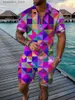 Herren Tracksuits Farbquadrate Muster 3D Print Herren -Trailsuit Sets Freizeit -Reißverschluss Polo -Hemd und Shorts 2pcs Sets Trend Streetwear Man Kleidung L240320