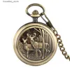 Montres de poche Bronze Machines manuelles de poche classique motif d'élan chiffres romains cadran Double chasseur pendentif remontage manuel horloge L240322