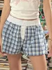 Women's Shorts Y2k Fashion Loose 00s Retro High Elastic Waist Plaid Short Pants Button Summer Casual Harajuku Streetwear