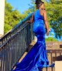 Royal Sexy Blue Veet Vestidos Gala Mermaid Prom Dresses For Black Girls Crystal Robe de Soiree Evening Birthday Party Gowns