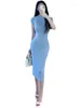 Party Dresses WOMENGAGA 2024 Spring/Summer Korean Half High Neck Design Sleeveless Body Mid Length Dress Blue Fashion Women N4NO