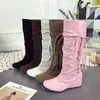 Stiefel Damen Flache Schuhe PU Einfarbig Runder Hangabsatz Verdickt Niedrig Hohes Rohr Warm Halten Rutschfest Wasserdicht