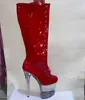 Sapatos de dança 8 "salto alto couro pu botas de joelho femininas 20 cm sexy lindo laço transparente sola meio