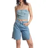 Mulheres camisetas Sunloudy Mulheres Denim Push Up Bustier Tube Top Strapless Button Corset Off Ombro Crop Streetwear (M Azul M)