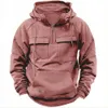 Spring and Autumn New Mens Hooded Solid Sweater Youth Sports Multi Pocket Patch Leather Coat