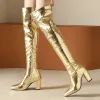 Stiefel Patent PU Leder glänzend Gold Silber Falten -Overkone Speate Toe Block High Heels Frauen Winter warme Schuhe über die KNEE -Stiefel