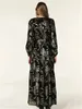 Casual klänningar kvinnor vintage maxi klänning långärmad v hals snörning svart lyxig lindad tryckt 2024 vår sommar kvinnlig elegant mantel