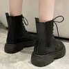 Boots British Matte& Japanned Leather Women Shoes Chunky Heels Riding Botas Muffins Elastic Bottes Chic Lace Up Mujer 2024