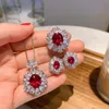 Necklace Earrings Set Oval Shape Blue Sapphire Red Ruby Green Zircon Pendant Stud Adjustable Ring Jewelry For Women