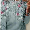 Camiseta feminina de manga comprida primavera gradiente floral estampado gola redonda top elegante e casual