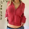 Mulheres camisola de malha hoodies vintage cor sólida manga longa zipup cardigan moletom com capuz outwear y2k pulôver streetwear 240312