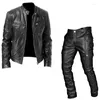 Men's Tracksuits Foreign Trade Autumn Motorcycle Set Leather Jacket And Pants Two-piece PU Casual Medieval Clothing