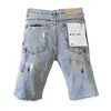 Street trend mens fur edge splashing ink paint mens shorts with slim fit and hole patch denim shorts