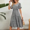 Partykleider Damenmode Kleid Schrumpf Plissee Wrap Kurzarm V-Ausschnitt Lang Für Frauen Sommer Plaid Strand Maxi Vestidos