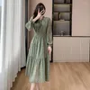 Casual Dresses 2024 Spring Female Vintage Long Sleeve Edible Tree Midi Women Elegant Lace-up Office Lady Style Dress