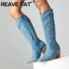 Boots REAVE CAT New Fashion Women Western Boots Pointed Toe Block Heels 7.5cm Zipper Embroider Plus Size 46 47 48 Casual Female Booty