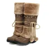 Laarzen winter harige laarzen voor dames, niet slip warme tall laarzen dames enkelband bruine etnische stijl suède platform Knight laarzen vrouw