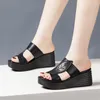 Slippers 7cm Small Plus Size 33-43 Fashion Genuine Leather Thick Bottom Wedges Shoes 2024 Leaf Women's High Heels Slides Office